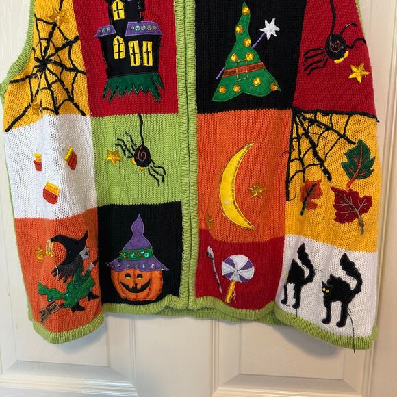Vintage Tiara Halloween Zip Up Sweater Vest Size XL Embroidered Beaded 90s - Picture 3 of 13